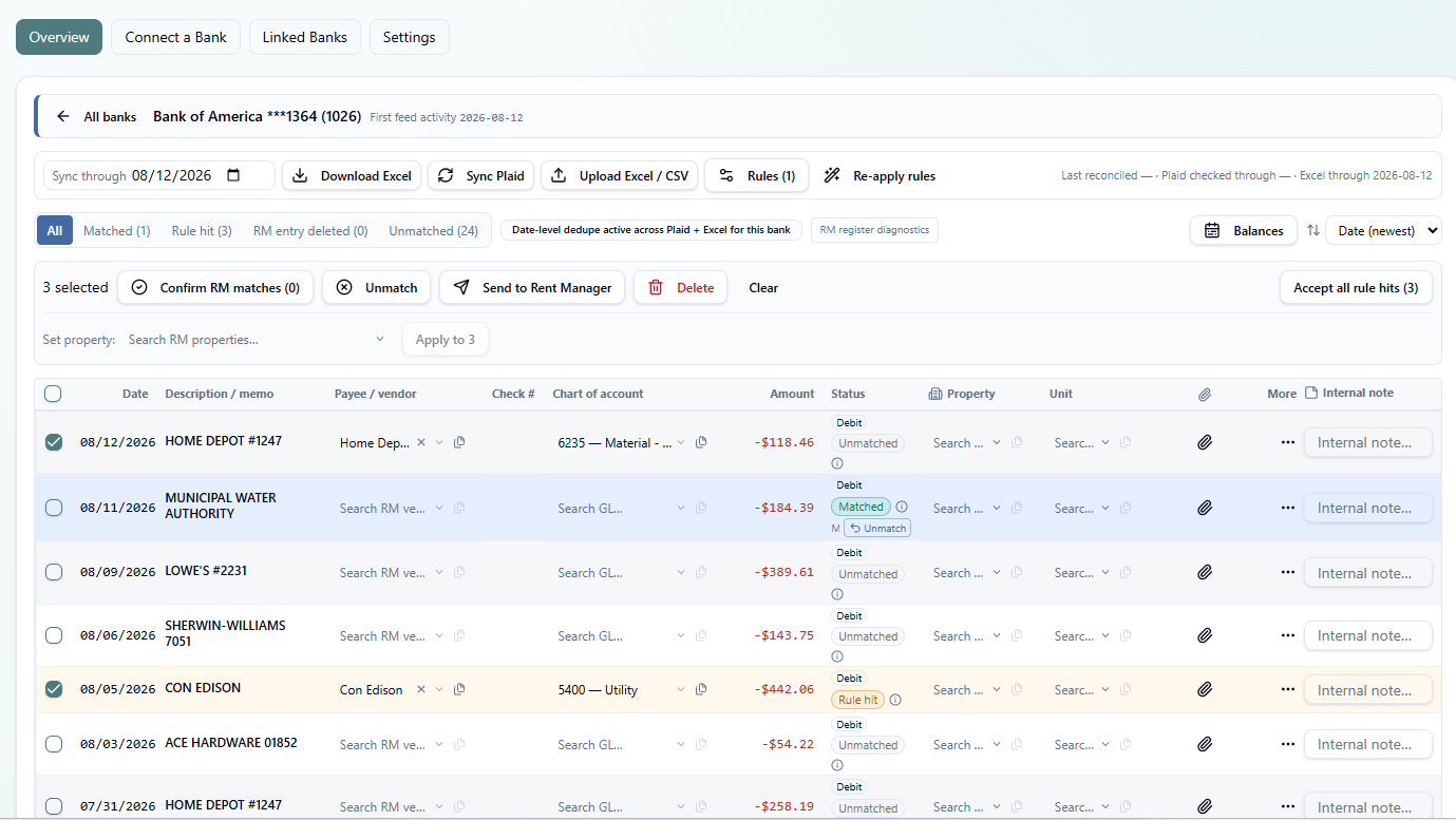 Bank Feeds transaction workspace with matching, rules, entry fields and Send to Rent Manager controls.