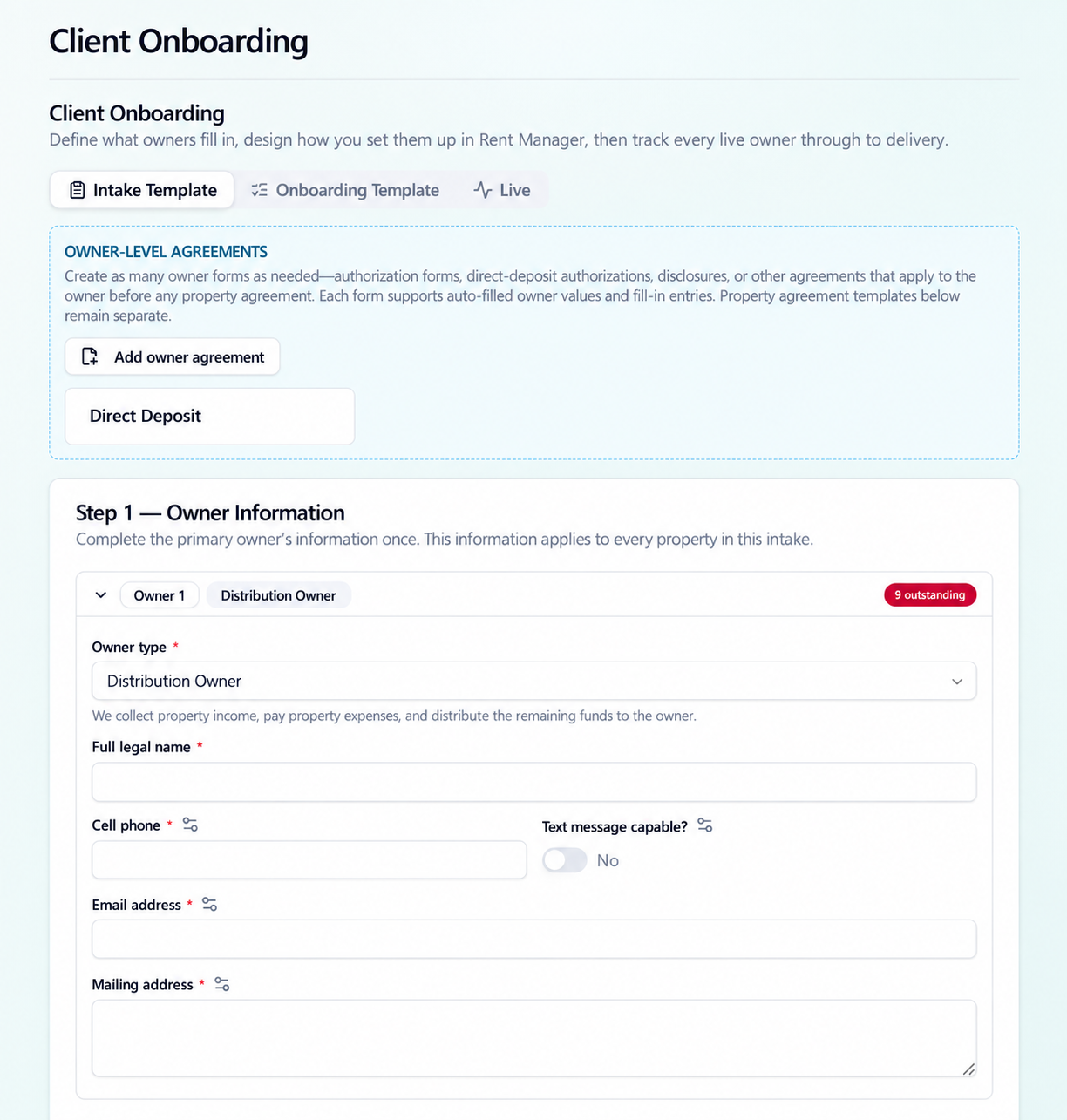 Client Onboarding template with owner information and a reusable property intake.