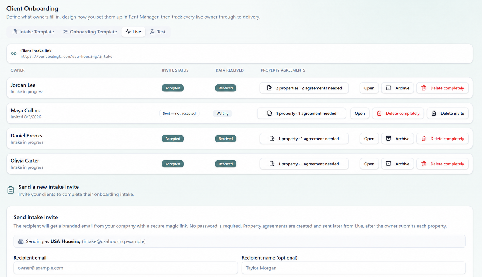 Example onboarding list showing invitation status, received information and property agreements for fictional clients.