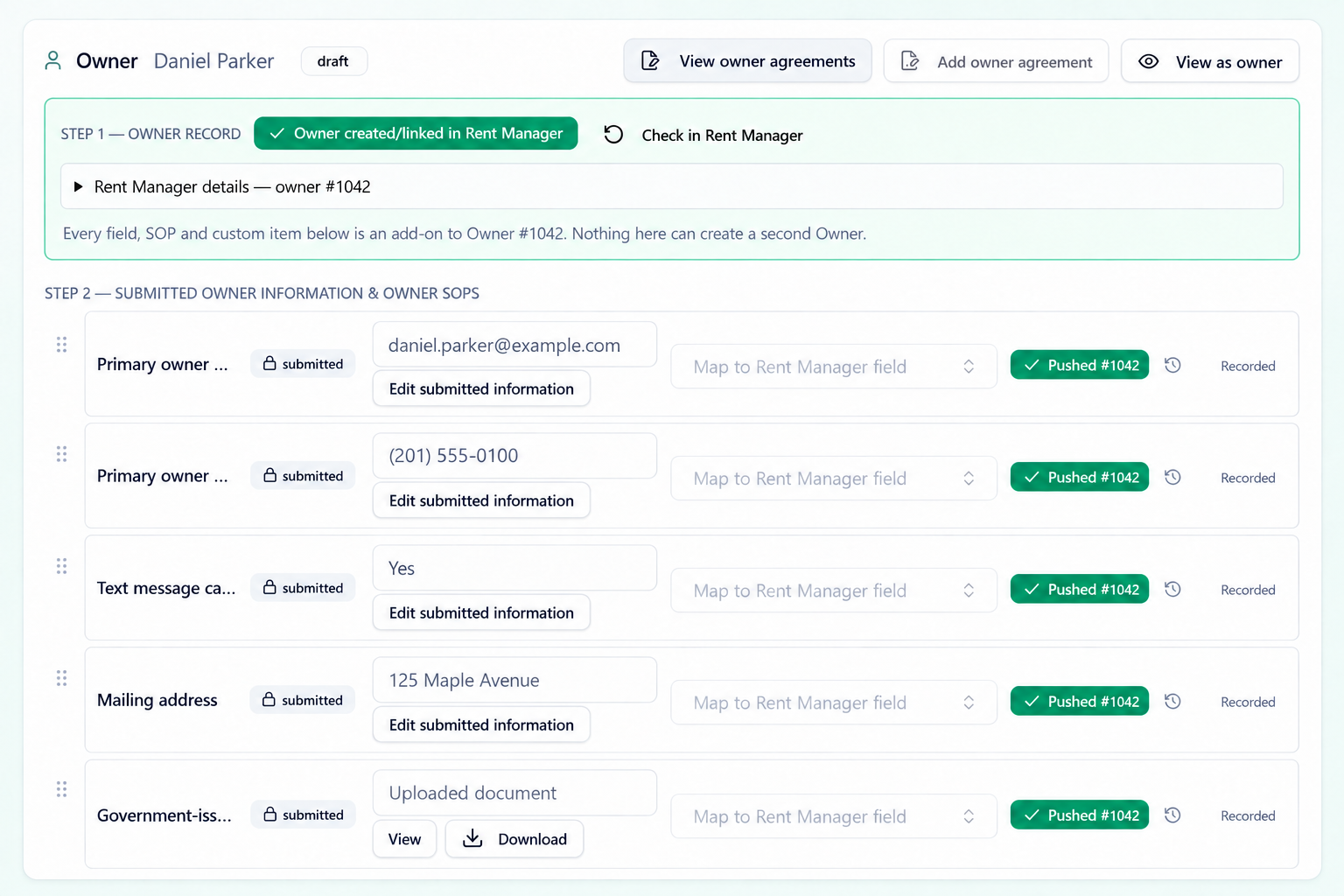 Fictional owner workspace with submitted information, internal SOPs and Rent Manager field mapping.
