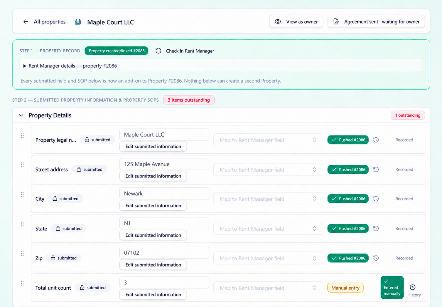 Privacy-edited property workspace showing recorded Rent Manager deliveries and outstanding follow-through tasks.